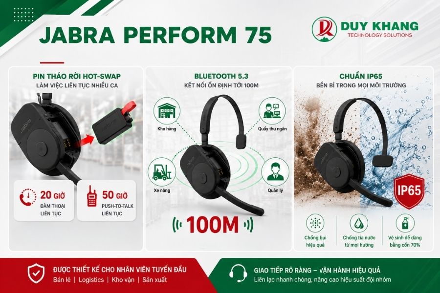 Các tính năng nổi bật của Jabra Perform 75 gồm pin Hot-Swap, Bluetooth 5.3 kết nối 100 m và chuẩn chống bụi nước IP65.
