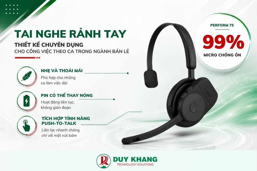 Thiết kế tai nghe Jabra Perform 75 nhẹ, pin thay nóng Hot-Swap, micro chống ồn 99% và Push-to-Talk cho công việc theo ca.