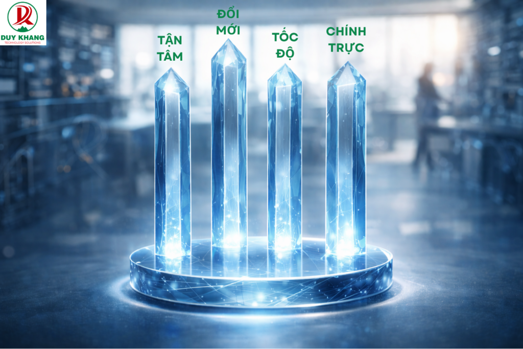Hình ảnh thể hiện giá trị cốt lõi của Duy Khang trong việc cung cấp giải pháp IT và VoIP doanh nghiệp, tập trung vào hiệu quả, đổi mới và tối ưu vận hành.