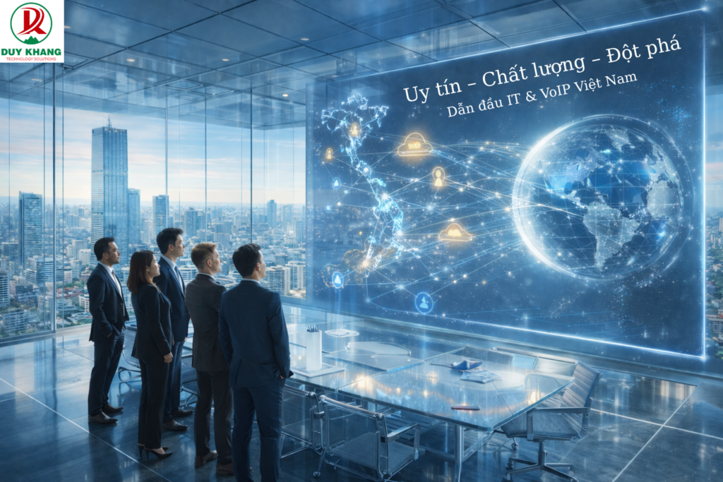 Hình ảnh thể hiện tầm nhìn chiến lược của Duy Khang trong việc cung cấp giải pháp IT và VoIP cho doanh nghiệp, hướng đến chuyển đổi số, tối ưu vận hành và kết nối toàn cầu.