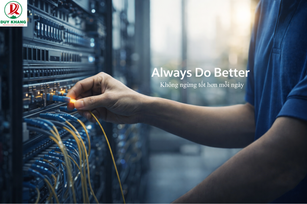 Hình ảnh thể hiện thông điệp của Duy Khang trong việc cung cấp giải pháp IT và VoIP doanh nghiệp, tập trung vào cải tiến liên tục, tối ưu hệ thống và nâng cao hiệu quả vận hành.